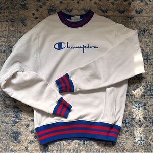 Champion Men's White Sweater with Blue and Red Accents